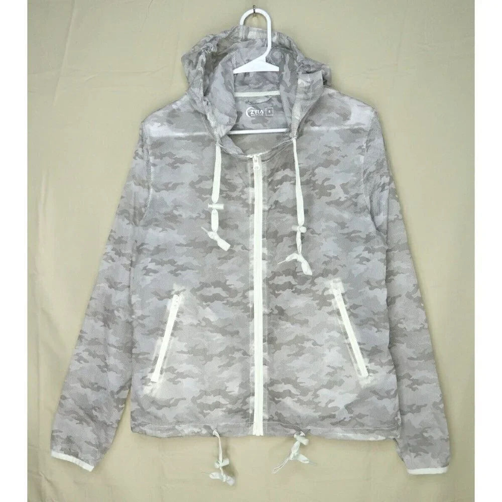 Zyia Gray Camo Light Windbreaker Jacket Zip Up Hoodie Performance Running Small - Picture 1 of 10